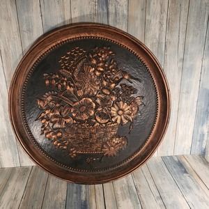 Vintage 20" Coppercraft Guild Basket of Flowers Round Wall Plaque copper